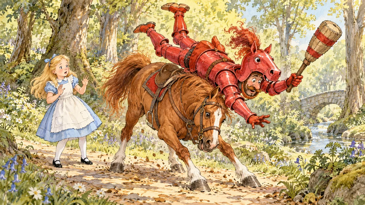 Il Cavaliere Rosso arriva al galoppo agitando una mazza e cade da cavallo davanti a un'Alice sbigottita.