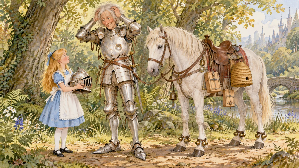 Alice tiene l'elmo del Cavaliere Bianco, che si scosta i capelli grigi arruffati e le sorride.