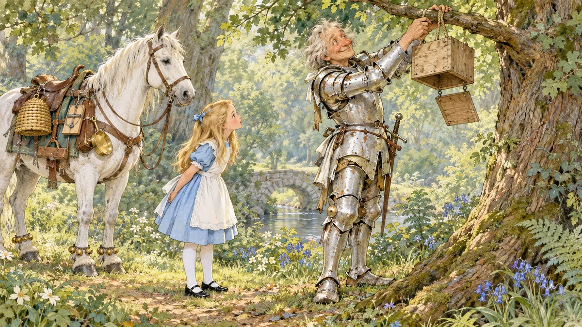 Il Cavaliere Bianco appende a un ramo la sua scatoletta di legno capovolta, mentre Alice lo guarda.