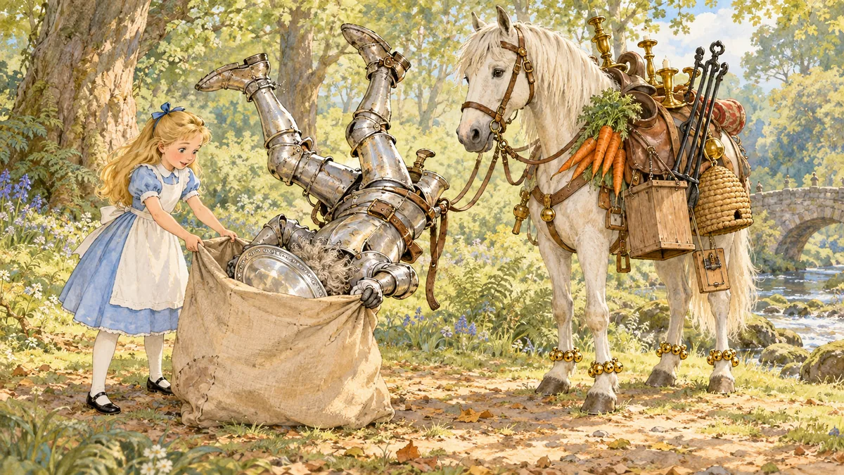 Alice tiene aperto un sacco e il Cavaliere Bianco, cercando di infilarci il piatto, ci cade dentro lui stesso.