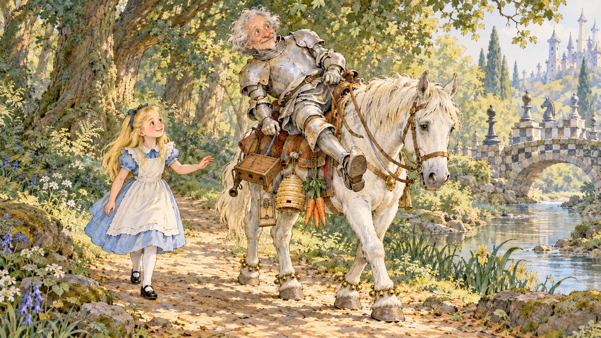 Su un sentiero nel bosco il Cavaliere Bianco vacilla sulla sella, sul punto di cadere, mentre Alice cammina accanto al cavallo.