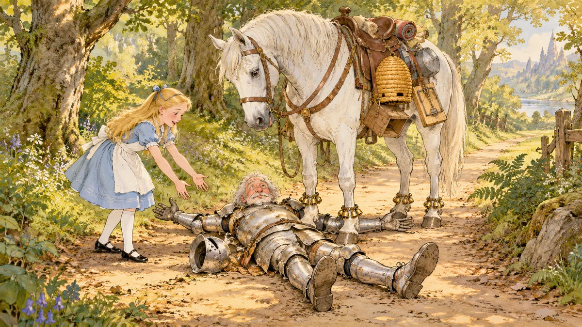 Il Cavaliere Bianco giace supino sotto le zampe del cavallo, a braccia aperte, mentre Alice corre ad aiutarlo.