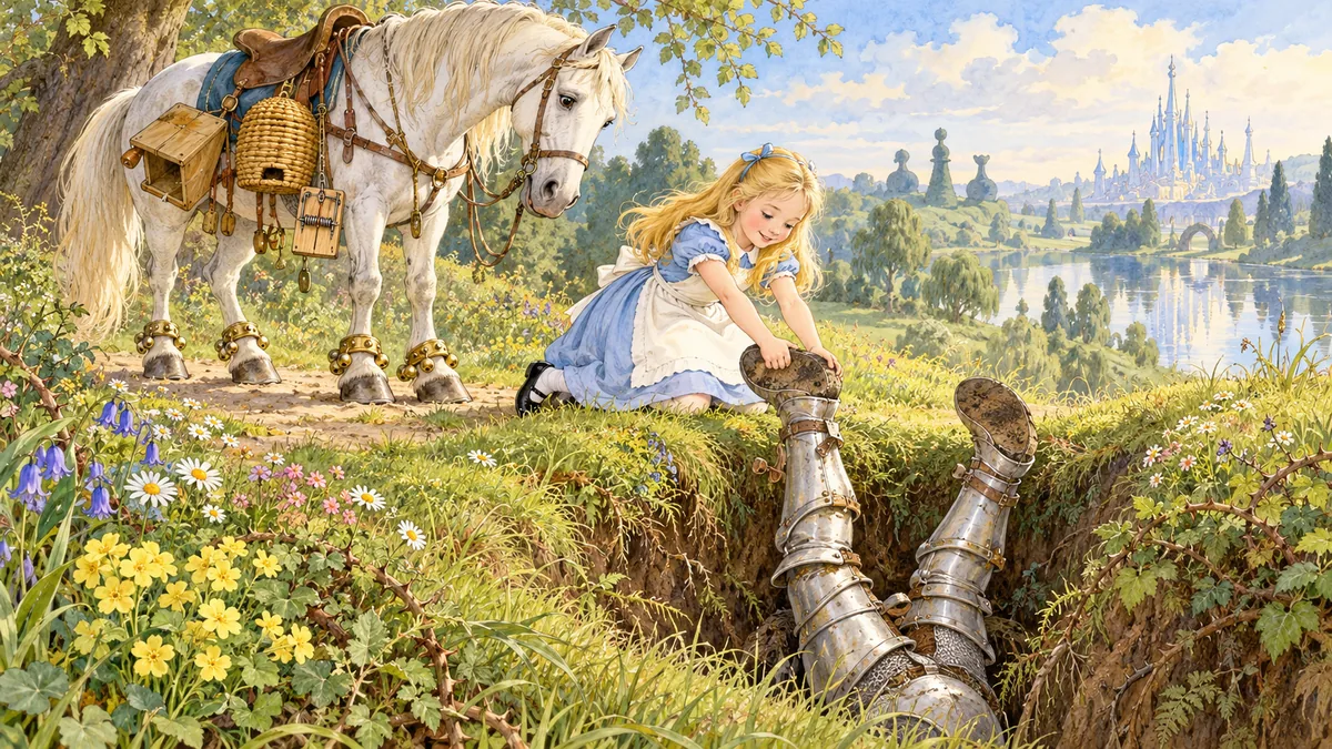 Dal fosso spuntano solo gli stivali del Cavaliere Bianco, e Alice lo tira fuori per i piedi.