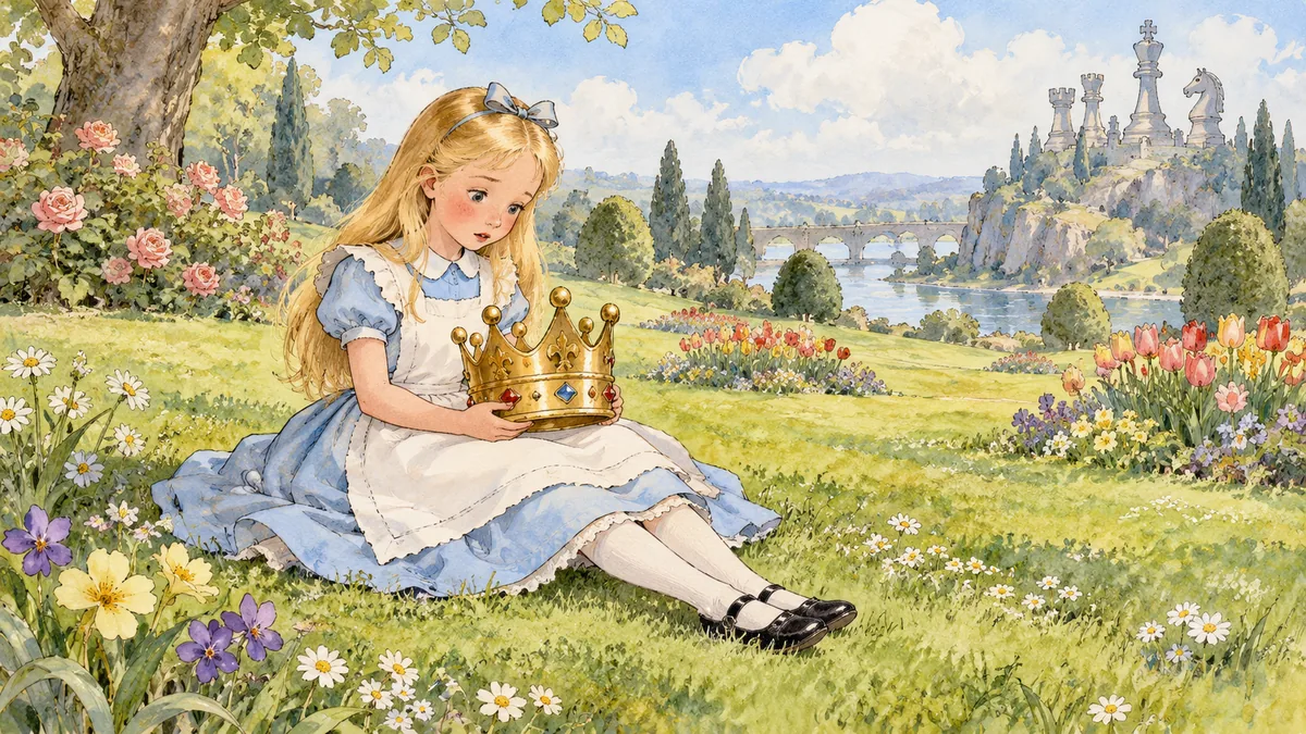 Alice, seduta su un prato soffice tra piccole aiuole, guarda stupita una corona d'oro in grembo.