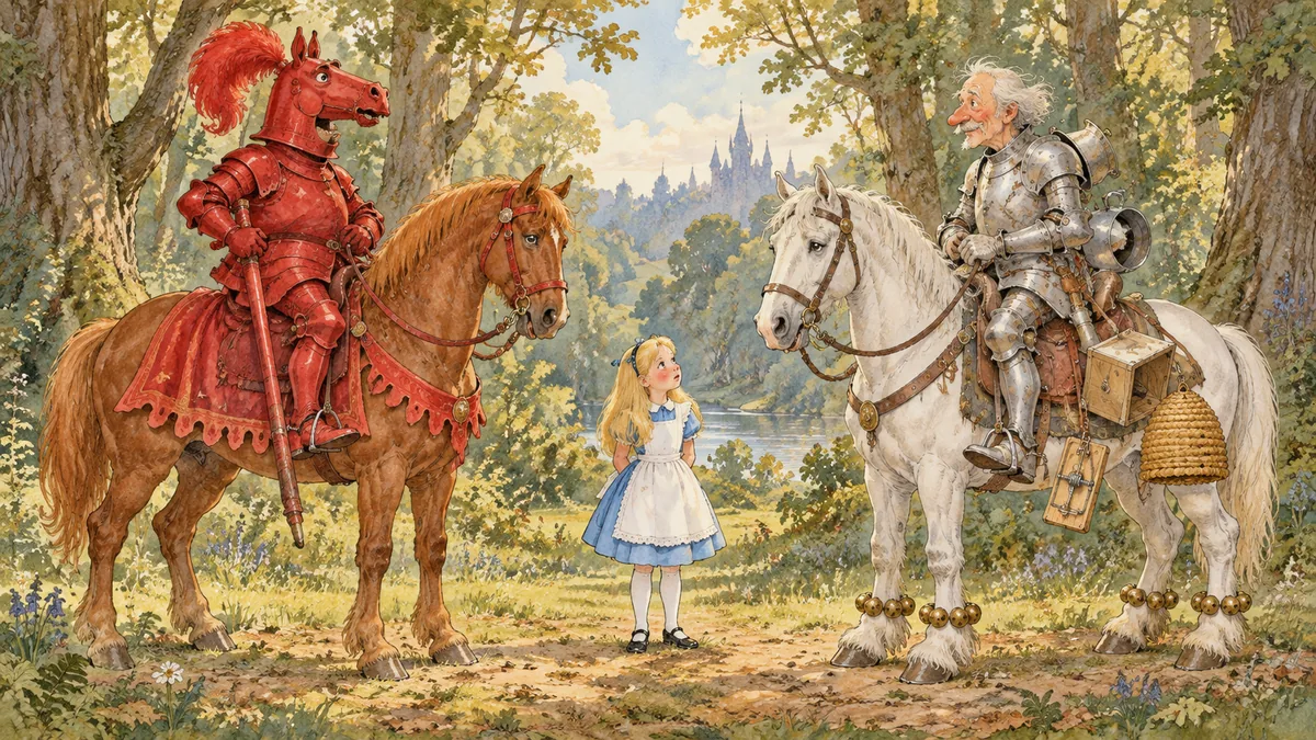 Il Cavaliere Rosso e il Cavaliere Bianco si fissano dai loro cavalli, con Alice perplessa in mezzo.