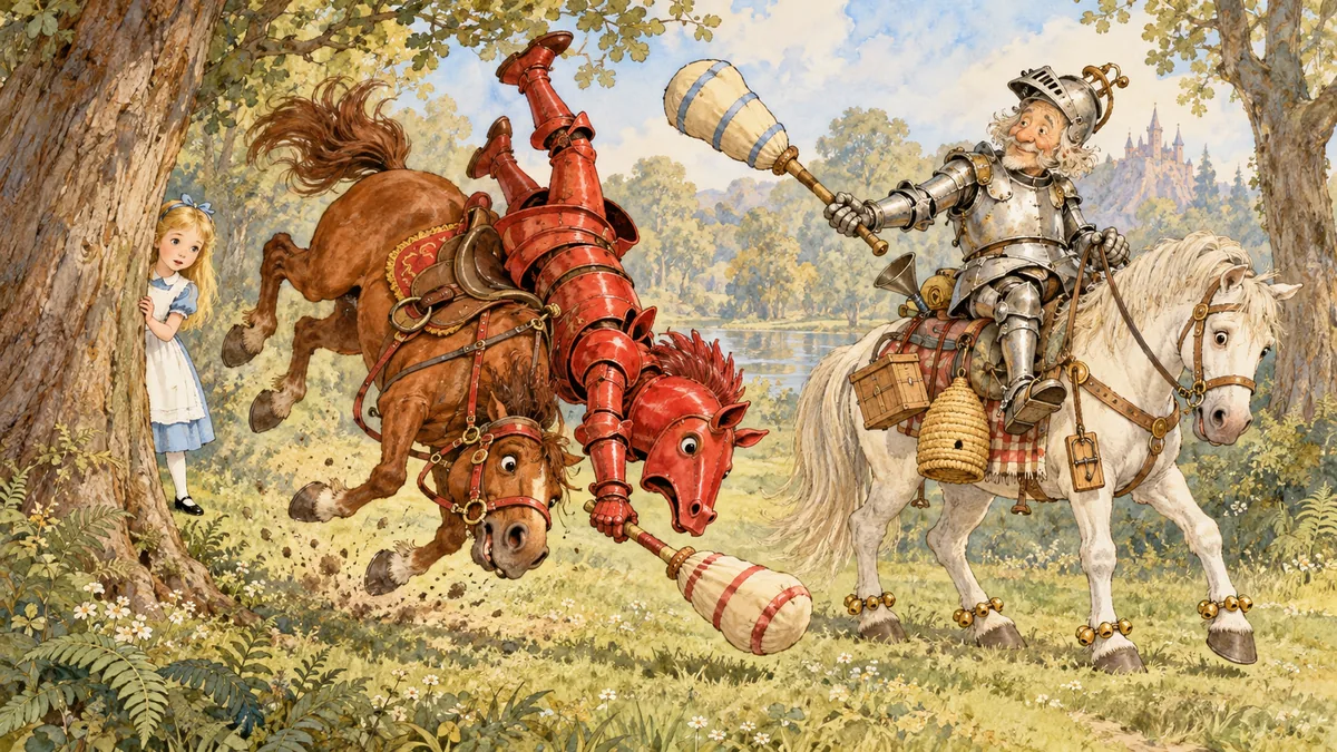I due Cavalieri si colpiscono con le mazze mentre Alice sbircia da dietro un albero.