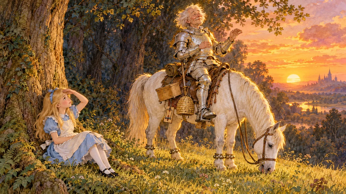 Al tramonto il Cavaliere Bianco canta a cavallo, con l'armatura che risplende, mentre Alice ascolta seduta contro un albero.