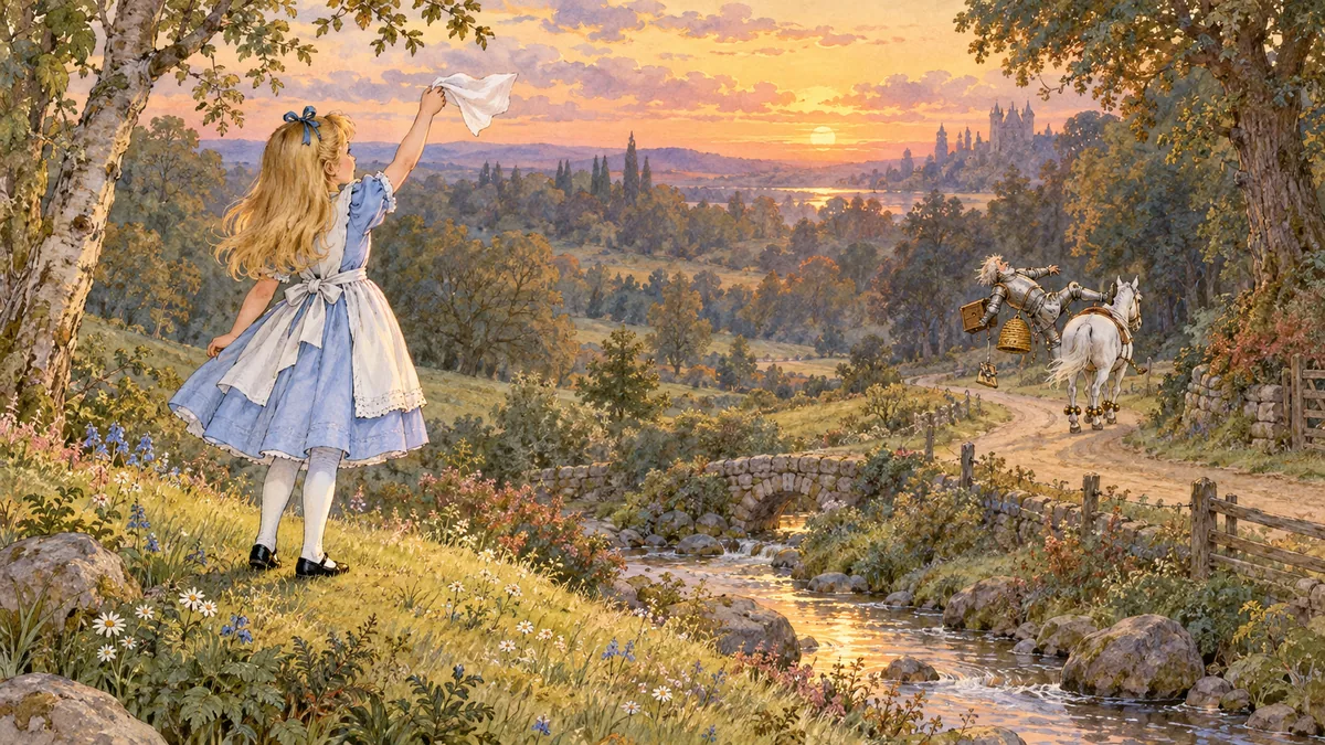 Alice sventola il fazzoletto dalla collina mentre il Cavaliere Bianco si allontana, cadendo da cavallo come al solito.