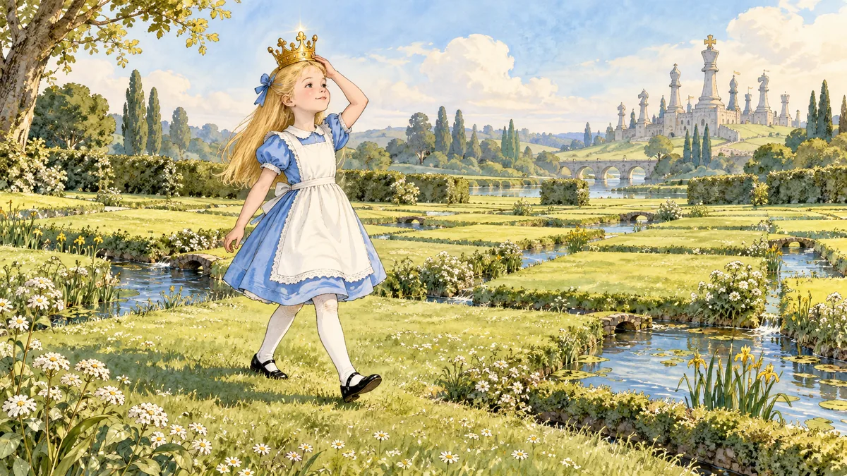 Alice mit einer goldenen Krone geht über eine sonnige Wiese mit kleinen Bächen und Hecken und hält die Krone mit einer Hand fest.