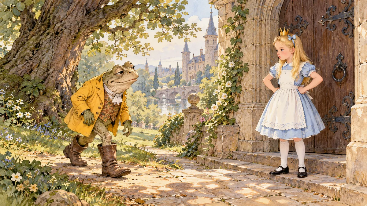 Ein alter Frosch in leuchtend gelbem Rock und riesigen Stiefeln humpelt auf Alice zu, die mit den Händen in den Hüften an der Schlosstür wartet.