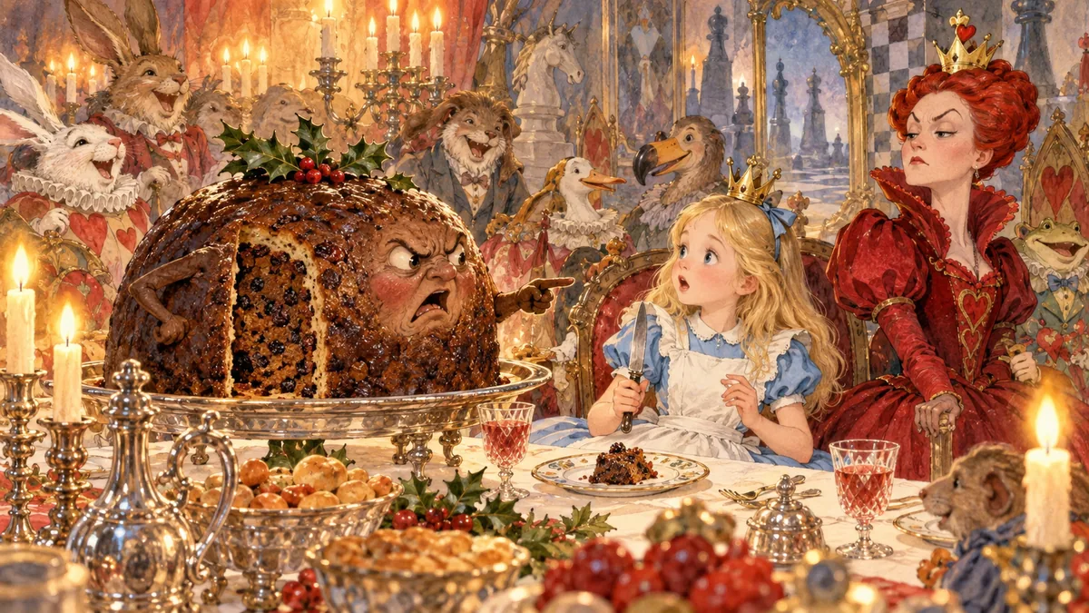 Ein riesiger Plumpudding, aus dem ein Stück geschnitten ist, schimpft mit der verdutzten Alice, die das Messer in der Hand hält, während die Rote Königin zusieht.
