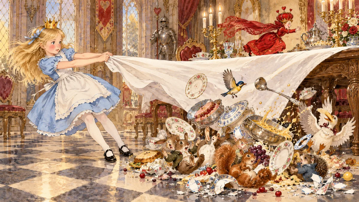 Alice reißt am Tischtuch, Geschirr, Kerzen und Gäste purzeln zu Boden, und eine puppenkleine Rote Königin läuft auf dem Tisch ihrem Tuch hinterher.