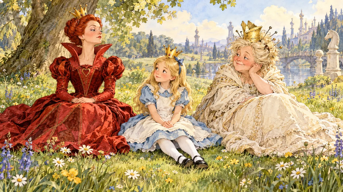 Alice sitzt im Gras zwischen der Roten Königin und der Weißen Königin und blickt schüchtern von einer zur anderen.