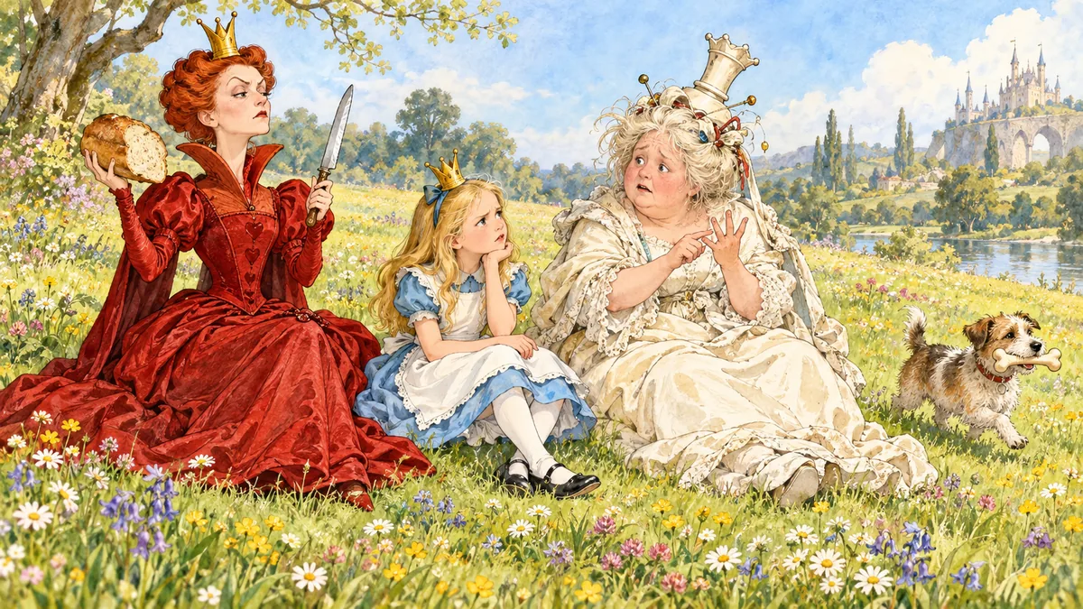 Die Rote Königin hält ein Brot und ein Messer hoch, die Weiße Königin zählt an den Fingern, und Alice grübelt, während ein kleiner Hund mit einem Knochen davonläuft.
