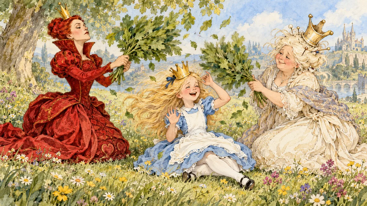 Die beiden Königinnen fächeln Alice mit großen Laubbüscheln Luft zu, ihr Haar fliegt, und sie bittet sie lachend aufzuhören.