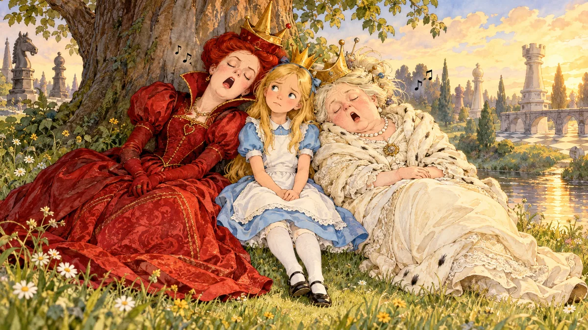 Alice sitzt geduldig auf einer Grasböschung, während beide Königinnen schnarchend an ihren Schultern schlafen.