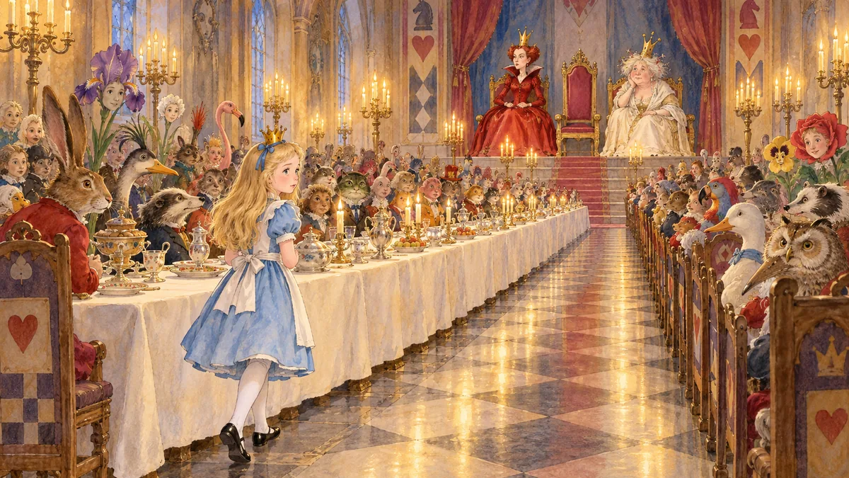 Alice geht durch einen langen, kerzenhellen Saal an einer Tafel mit Tieren, Vögeln und Blumen vorbei auf die beiden Königinnen und einen leeren Stuhl zu.