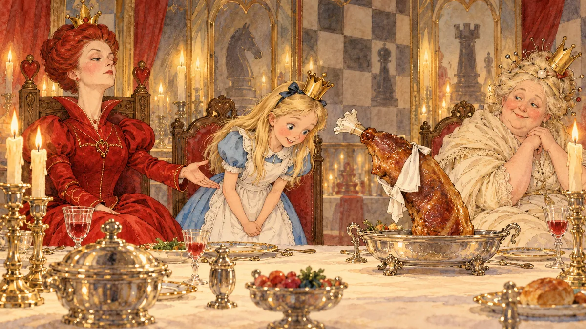 An der Festtafel steht eine gebratene Hammelkeule in ihrer Schüssel auf und verbeugt sich vor Alice, während die Rote Königin sie einander vorstellt.