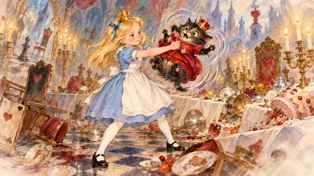 Alice mit goldener Krone schüttelt die Rote Königin, die sich über der verwüsteten Festtafel in ein kleines, rundes schwarzes Kätzchen verwandelt.