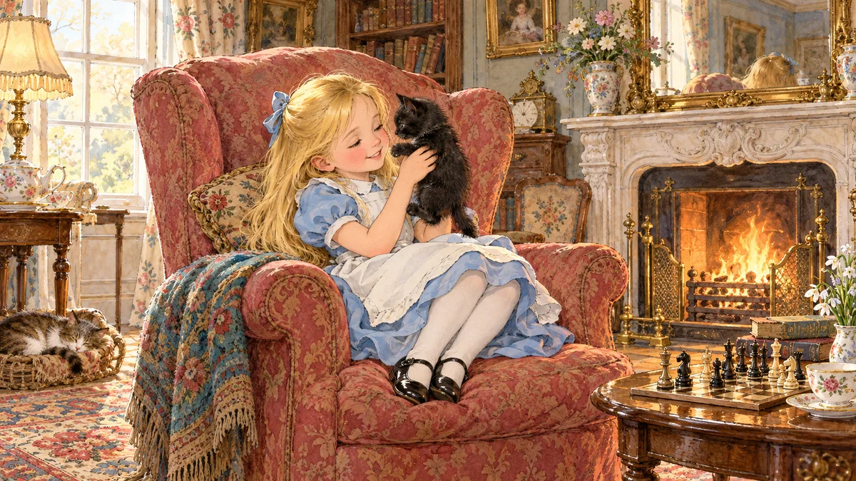 Alice, appena sveglia, siede sorridente in una grande poltrona accanto al fuoco e tiene sollevata la gattina nera Kitty.