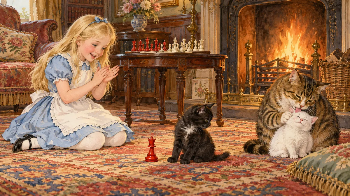 Alice, in ginocchio sul tappeto davanti al camino, batte le mani mentre Kitty sta di fronte a una piccola regina rossa degli scacchi e Dina lava la gattina bianca Bucaneve.
