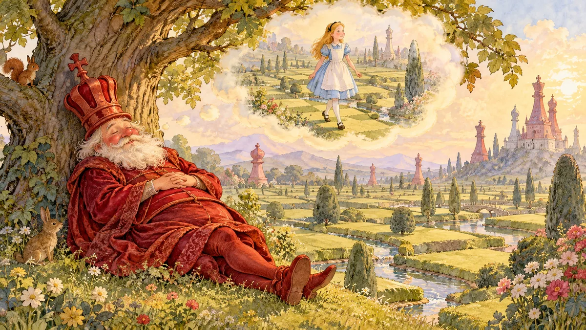 Il Re Rosso sonnecchia sotto un grande albero in una campagna a scacchiera e, in una nuvola di sogno sopra di lui, Alice cammina sulle caselle.