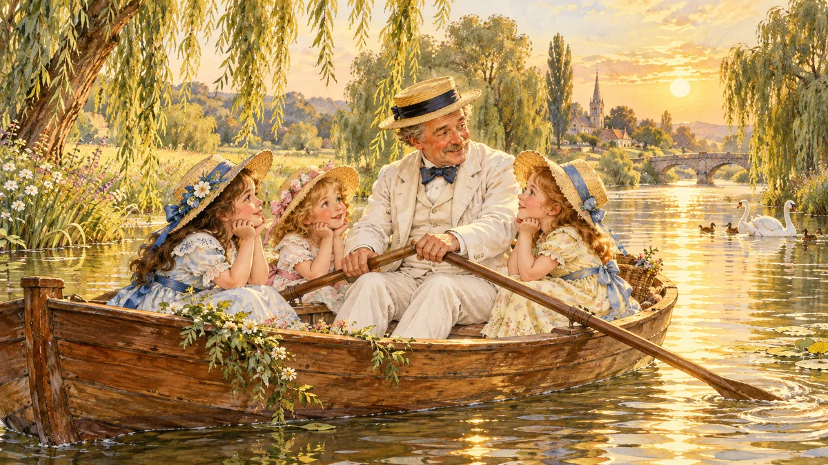 Un gentile signore rema su una barchetta di legno lungo un fiume estivo dorato, mentre tre bambine con il cappello di paglia ascoltano la sua storia.