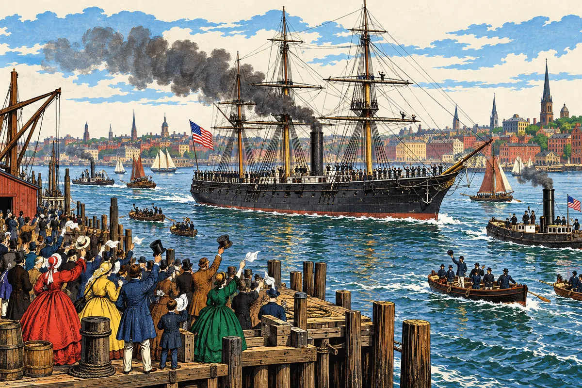 Menschenmengen auf einem Brooklyner Pier schwenken Hüte und Taschentücher, als die Dampffregatte Abraham Lincoln, begleitet von kleinen Booten, ausläuft.