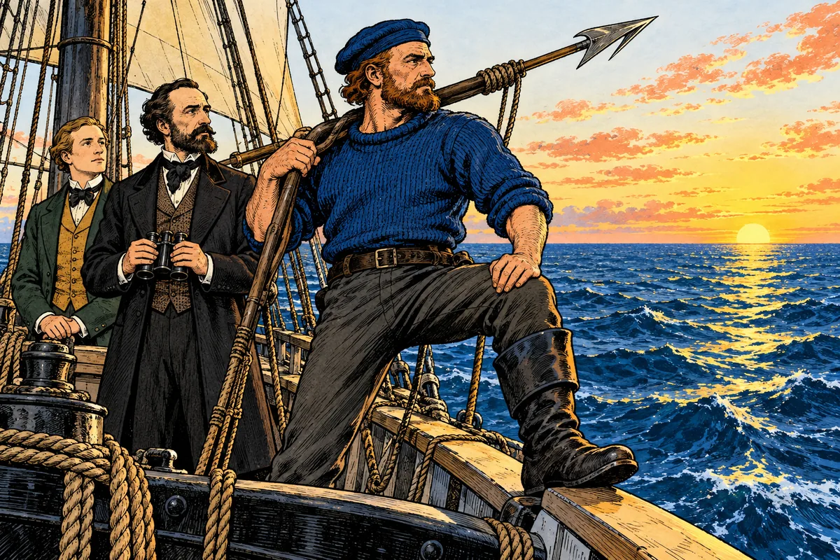 Ned Land, die Harpune auf der Schulter und einen Stiefel auf dem Schanzkleid, sucht bei Sonnenuntergang das Meer ab, während Aronnax und Conseil hinter ihm stehen.