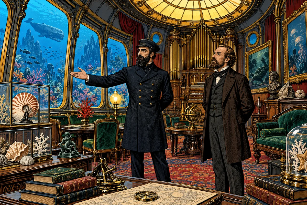 Im großen Salon der Nautilus mit Orgel, Gemälden und Muschelvitrinen deutet Kapitän Nemo zu den Fenstern, während Aronnax zusieht.