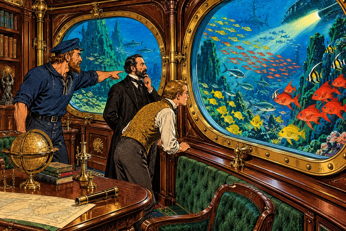 Ned Land zeigt hinaus, Conseil beugt sich vor und Aronnax staunt, während bunte Fischschwärme an den großen ovalen Fenstern des Salons vorbeiziehen.