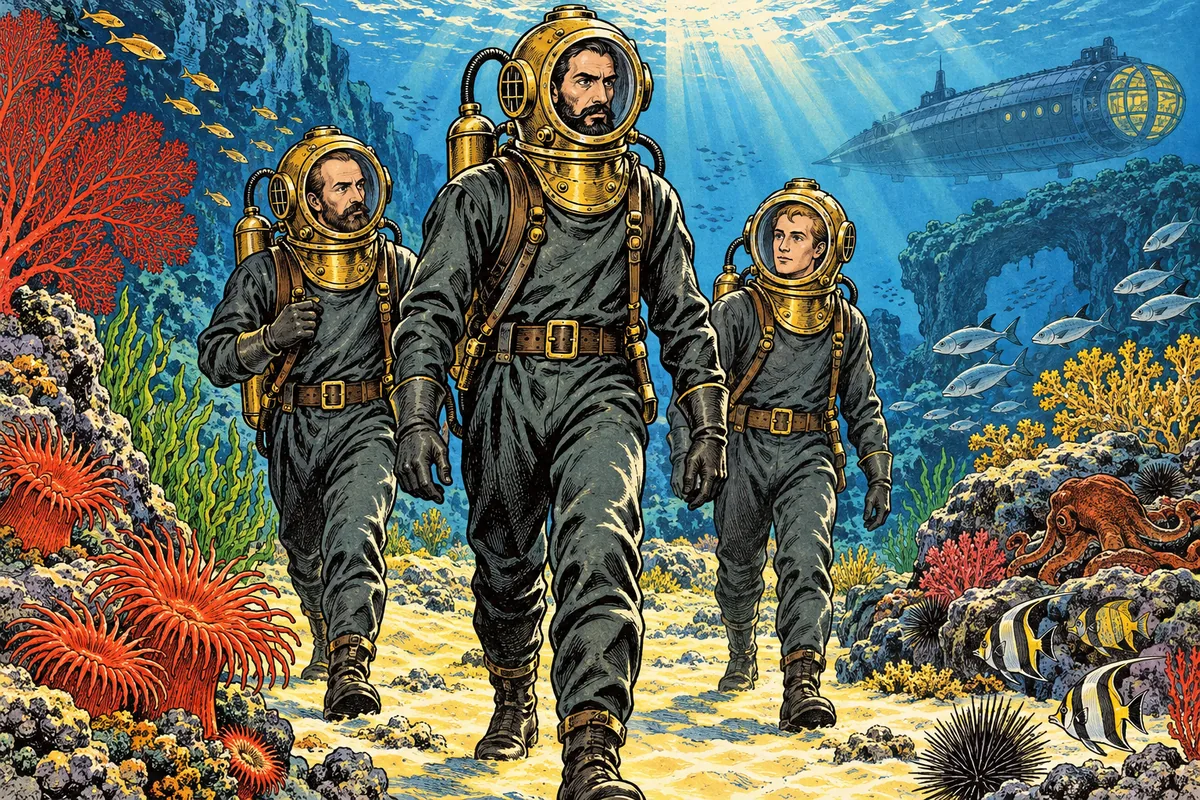 Drei Männer in Taucheranzügen mit Messinghelmen gehen über den sonnenbeschienenen Meeresgrund zwischen Anemonen, Korallen und Fischen; in der Ferne liegt die Nautilus.