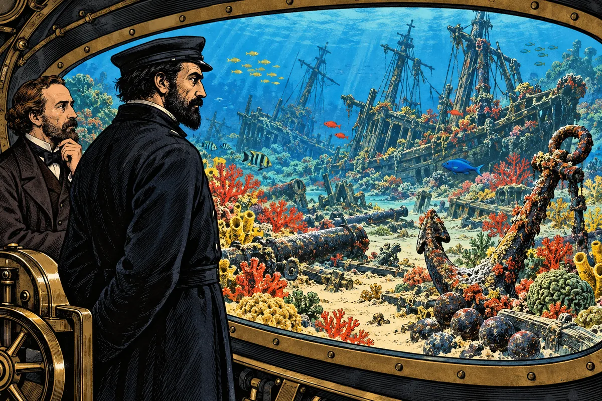 Durch das Fenster der Nautilus blicken Kapitän Nemo und Aronnax auf korallenüberwachsene Wracks, Kanonen, Kanonenkugeln und einen alten Anker am Riff von Vanikoro.