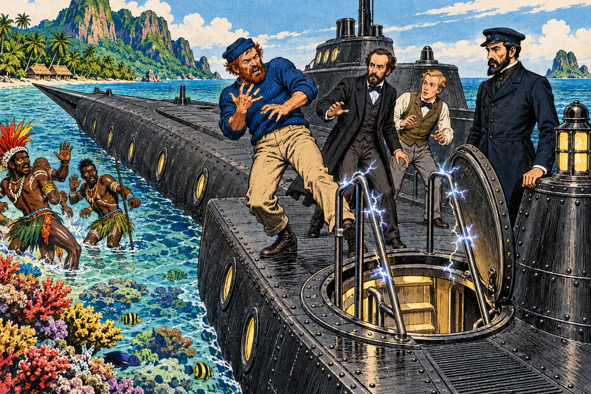 Auf der Plattform der Nautilus springt Ned Land vor dem funkensprühenden, elektrisch geladenen Treppengeländer zurück, erschrockene Inselbewohner weichen ins seichte Wasser zurück, und Kapitän Nemo steht gelassen daneben.