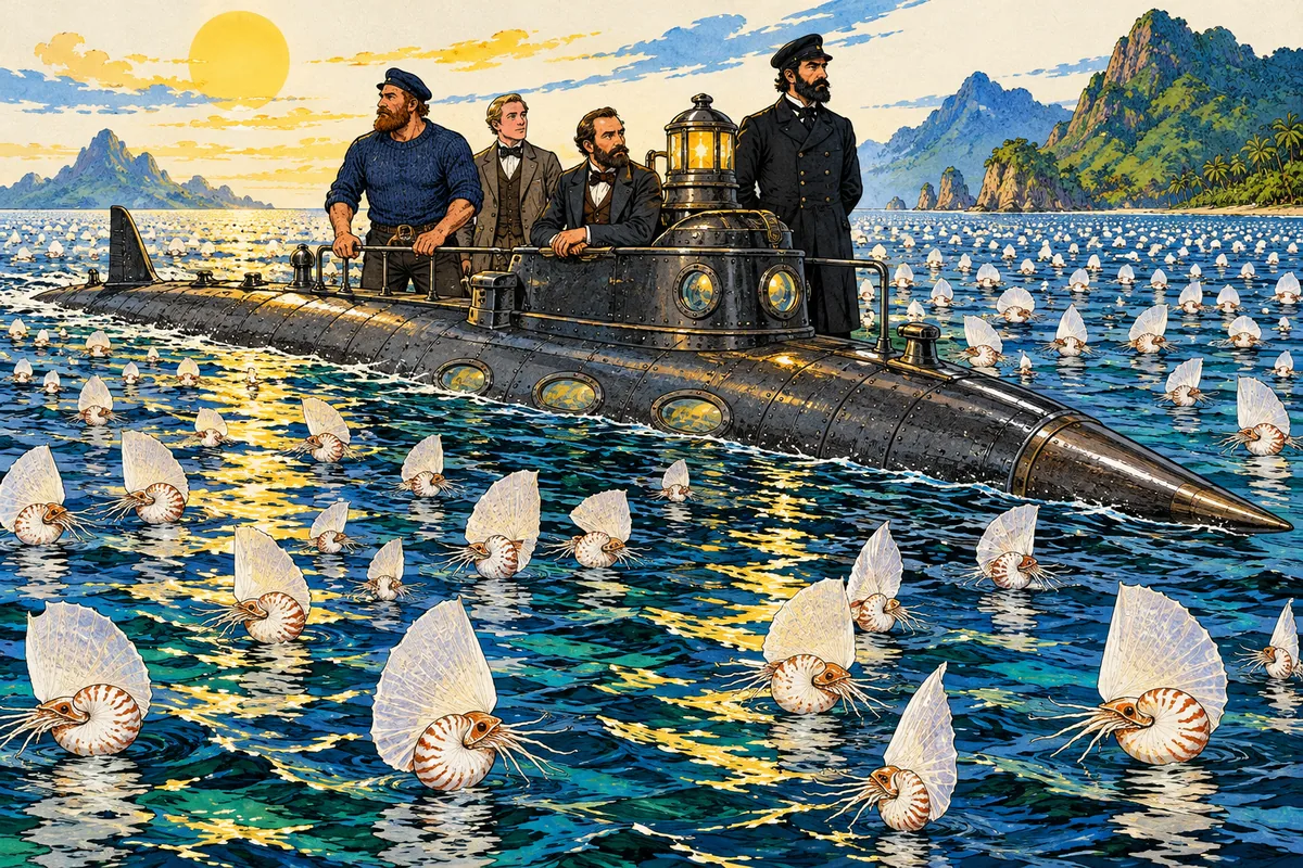 Die Nautilus treibt auf sonnigem Meer inmitten Hunderter Argonauten, kleiner Weichtiere in weißen Spiralschalen, die ihre dünnen Häute wie Segel aufgerichtet haben.