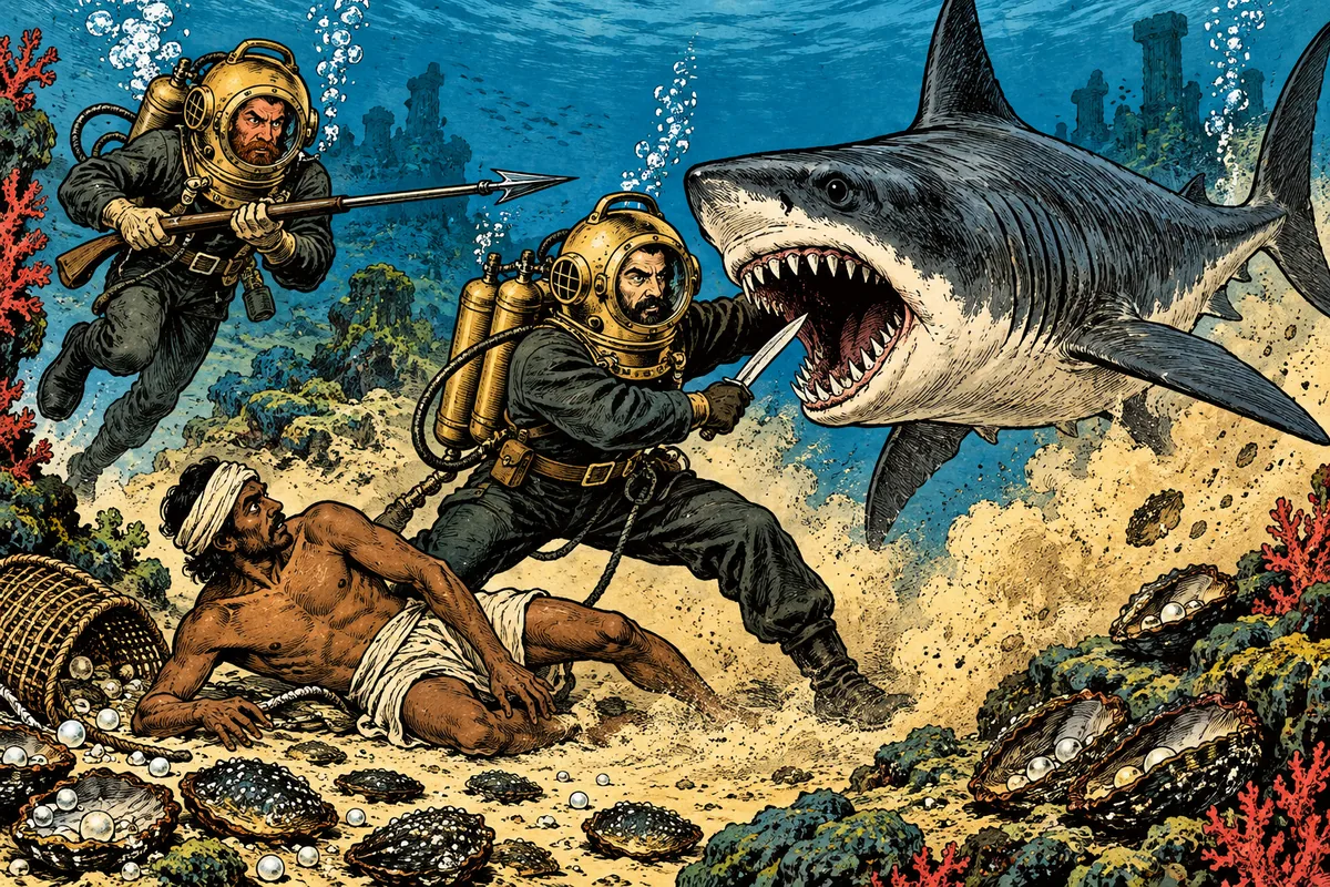 Auf einer Perlmuschelbank hält Kapitän Nemo im Taucheranzug mit seinem Dolch einen angreifenden Hai zurück, um einen gestürzten Perlentaucher zu schützen, während Ned Land mit der Harpune herbeistürzt.