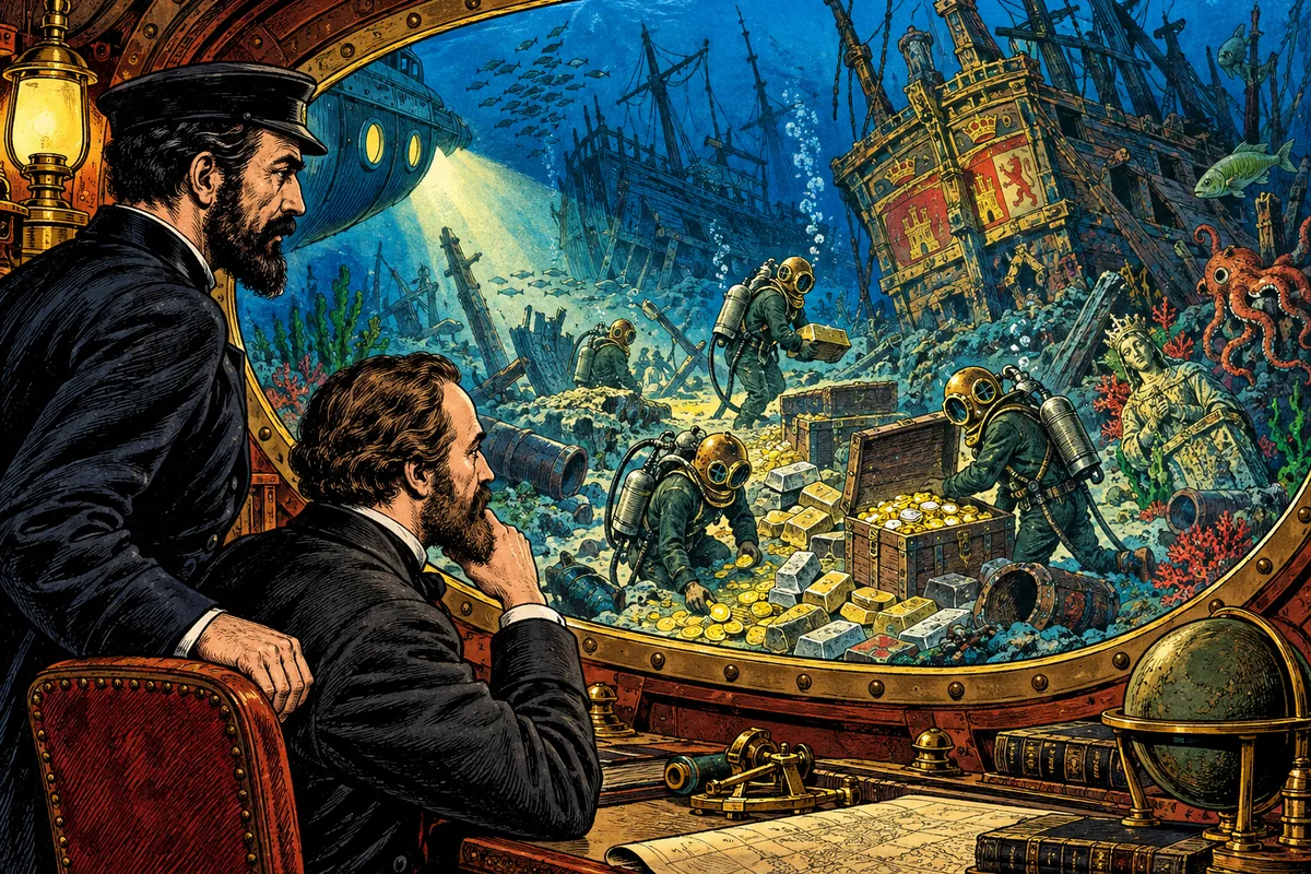 Vom Salon aus sehen Kapitän Nemo und Aronnax zu, wie Taucher Gold und Silber aus den zerborstenen spanischen Galeonen am Grund der Bucht von Vigo bergen.