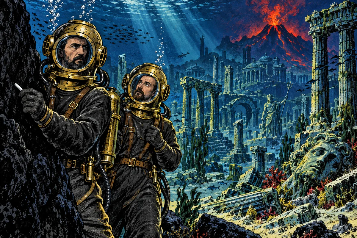 Dalgıç giysileri içinde kara bir kayanın yanında Kaptan Nemo elinde bir parça tebeşir tutuyor, Aronnax ise parlayan bir yanardağın altındaki batık Atlantis kalıntılarına bakıyor.