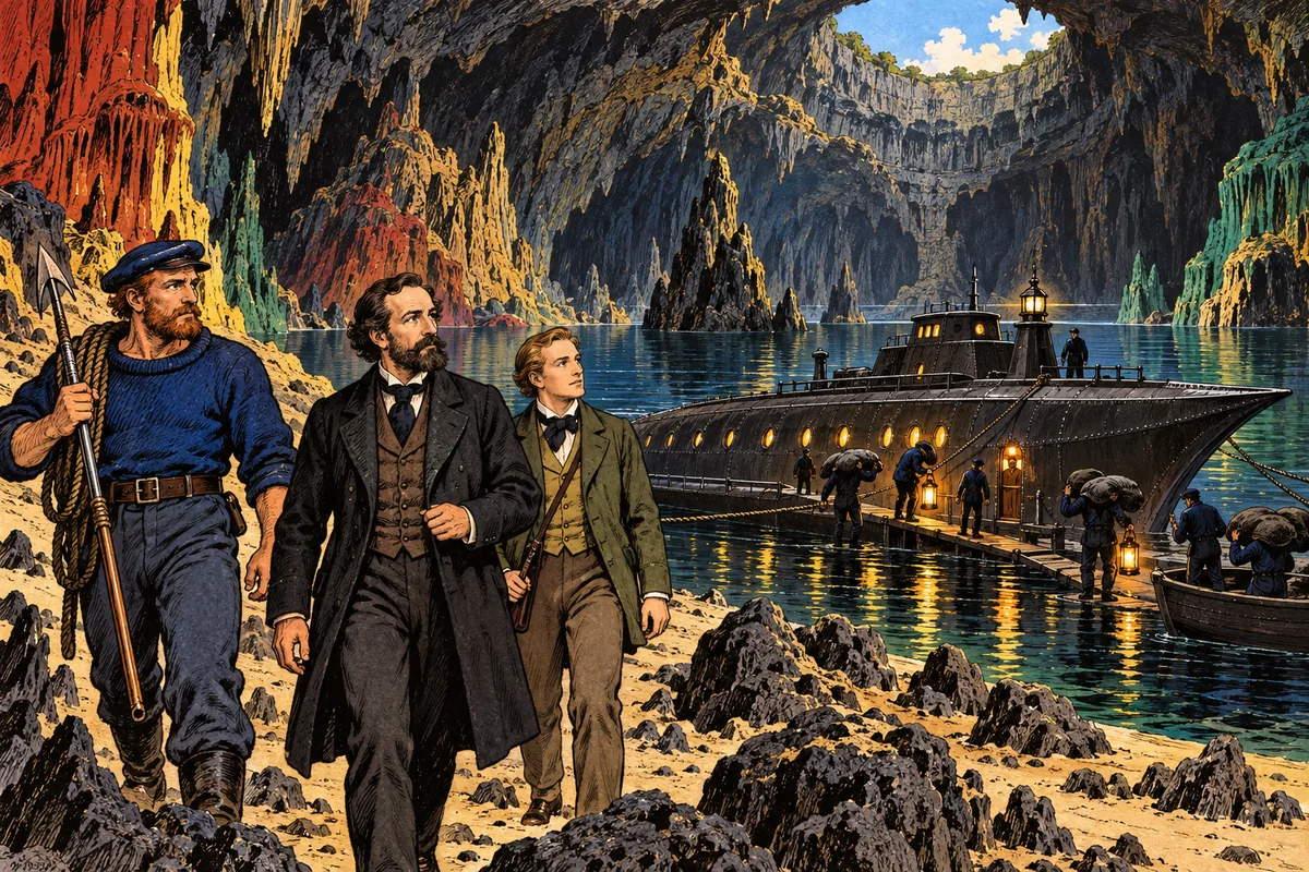 Ned Land, Aronnax ve Conseil, dev bir mağaranın içindeki yeraltı gölünün kıyısında yürüyor; tayfalar demirli Nautilus'a kömür yüklüyor.