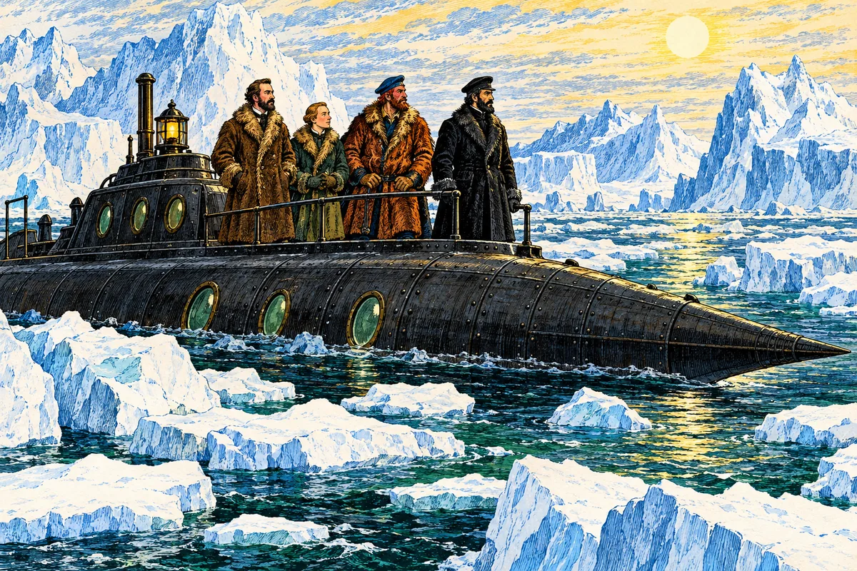 In Pelzmäntel gehüllt stehen Aronnax, Conseil, Ned Land und Kapitän Nemo auf der Plattform der Nautilus zwischen Treibeis und hoch aufragenden Eisbergen.