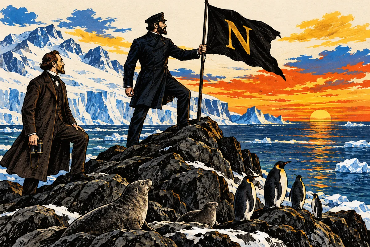 Su un promontorio roccioso al Polo Sud il capitano Nemo pianta uno stendardo nero con una N d'oro mentre il sole tramonta, e Aronnax osserva accanto a foche e pinguini.