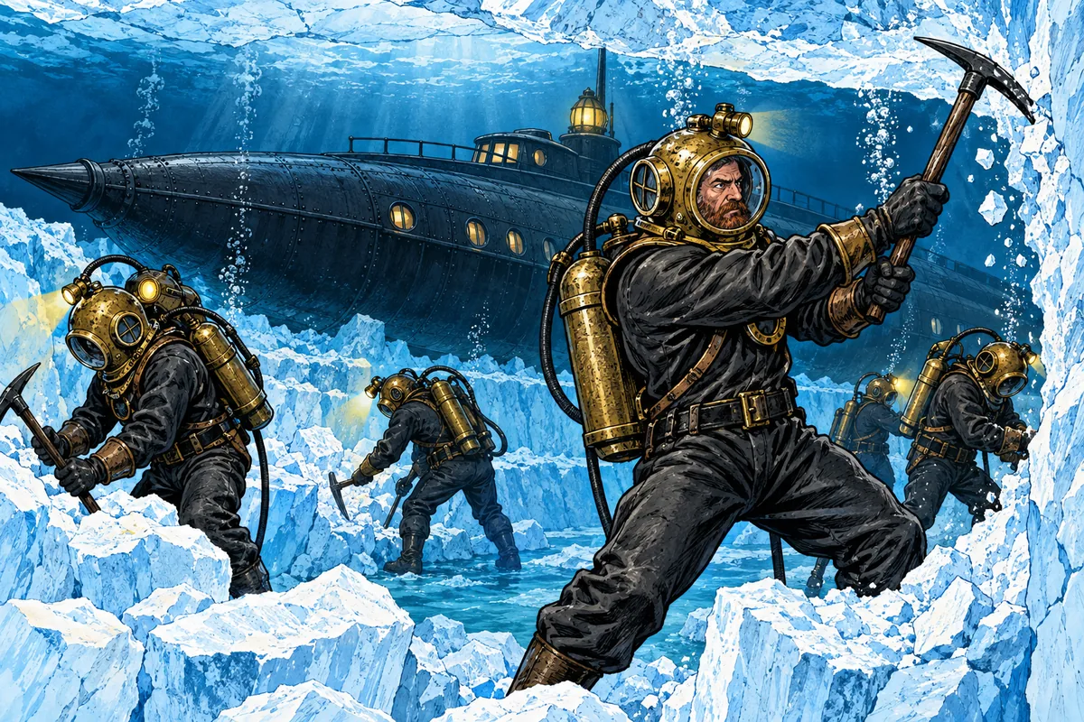 Unter dem Polareis schlagen Männer in Taucheranzügen mit Spitzhacken auf die dicken blauweißen Eiswände rund um die eingeschlossene Nautilus ein.