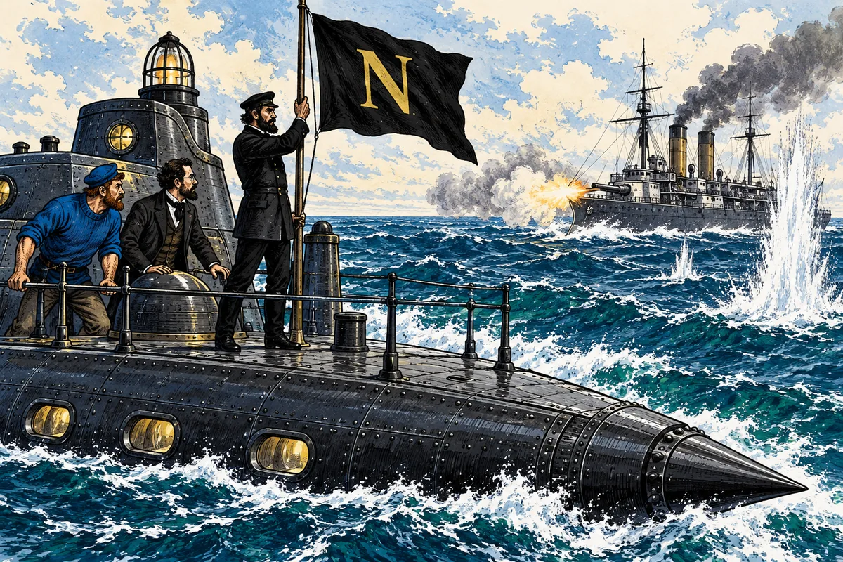 Nautilus'un platformunda Kaptan Nemo altın N harfli kara bir bayrak çekerken uzaktaki buharlı bir savaş gemisi ateş ediyor ve yakına bir gülle düşüyor; Ned Land ile Aronnax kaygıyla izliyor.