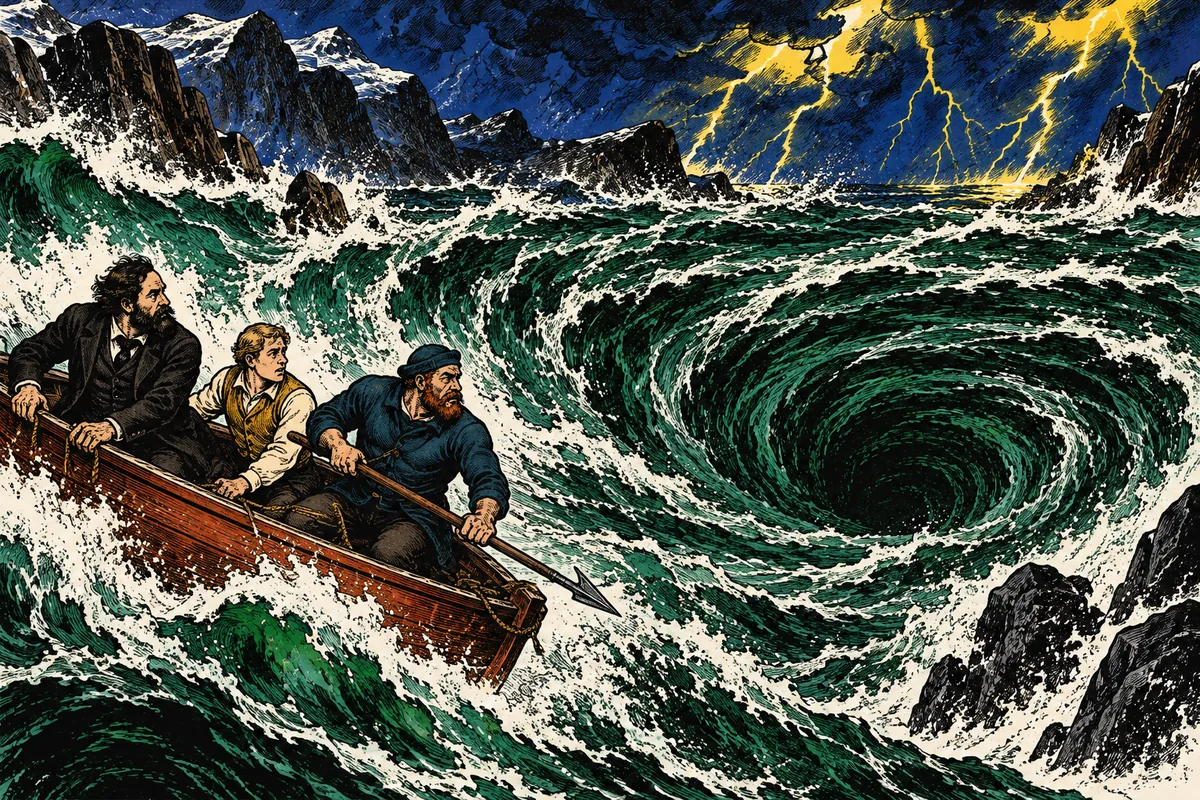 In einer stürmischen Nacht klammern sich Aronnax, Conseil und Ned Land an ein kleines Boot, das am Rand des gewaltigen Mahlstroms herumgerissen wird.