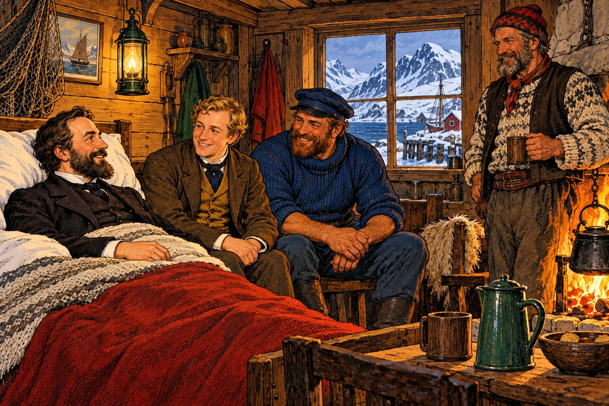 In der warmen Holzhütte eines Fischers auf den Lofoten erwacht Aronnax im Bett, Conseil und Ned Land sitzen lächelnd neben ihm, und der Fischer steht am Feuer.
